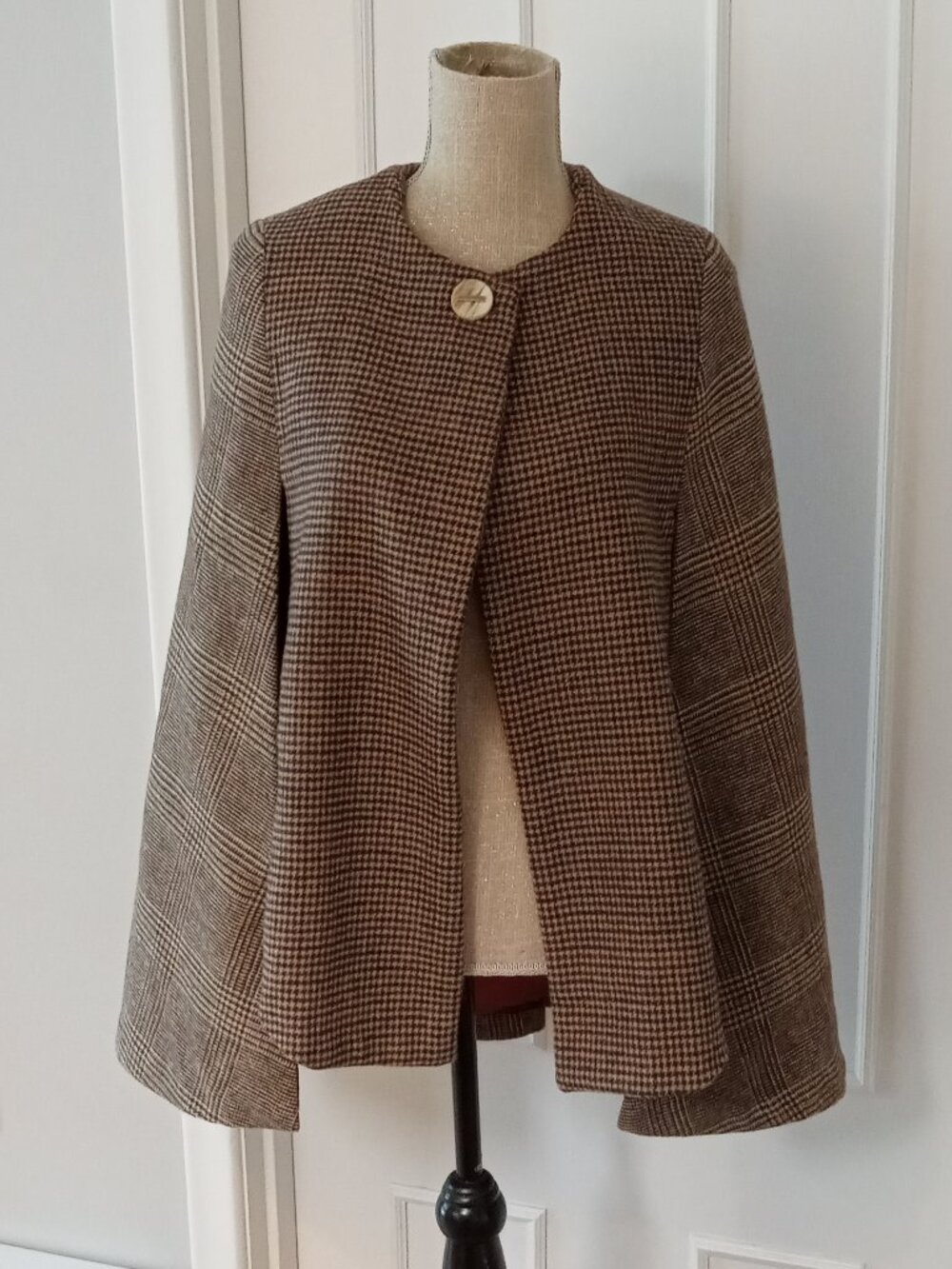 Brown Check Cape Poncho One Button-Made in Korea